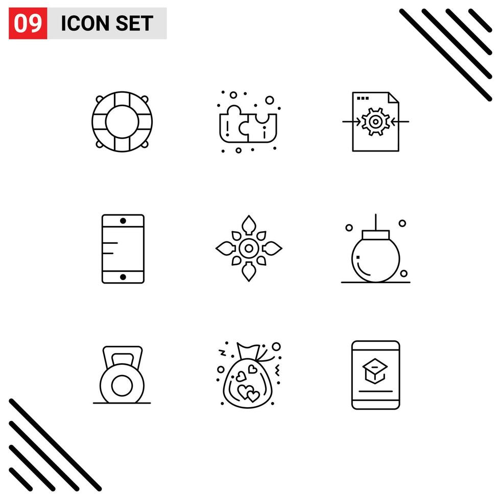 Pack of 9 Modern Outlines Signs and Symbols for Web Print Media such as hindu decoration setting decorate school Editable Vector Design Elements