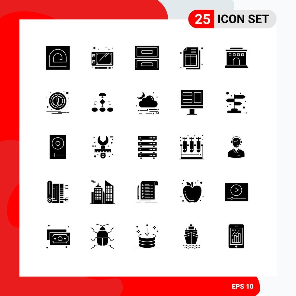 Mobile Interface Solid Glyph Set of 25 Pictograms of alert house archive building ecommerce Editable Vector Design Elements