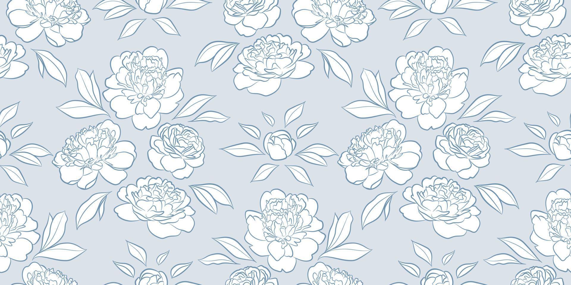 Blue and white peonies, seamless repeat pattern vector background
