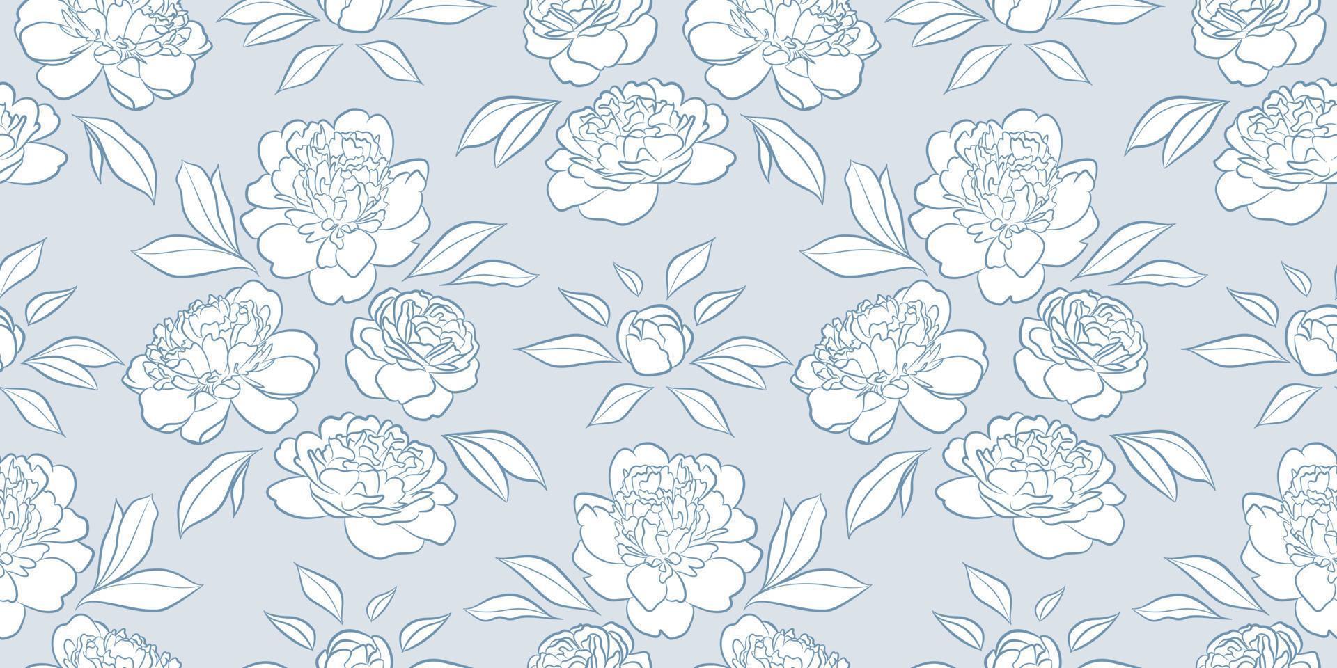 Blue and white peonies, seamless repeat pattern vector background