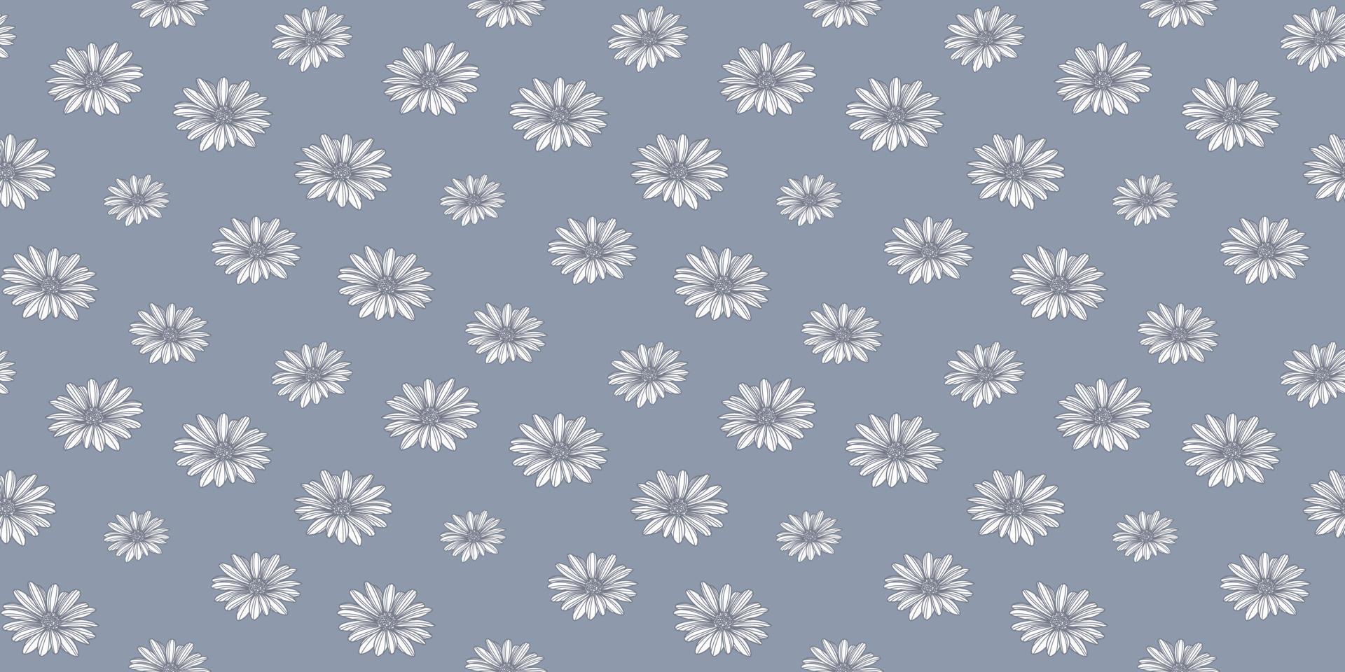 Daisy flower vector pattern background. Blue wallpaper.