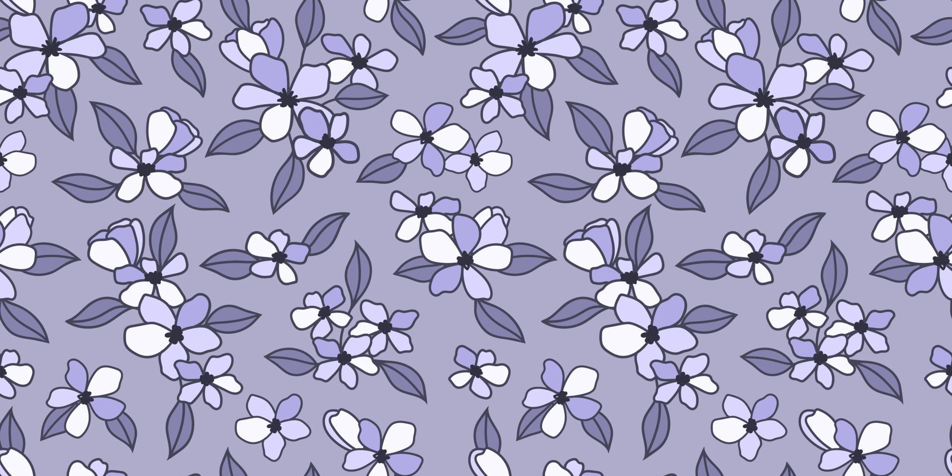Blue floral pattern, hand drawn vector repeat background, illustrated flowers perfect spring wallpaper.