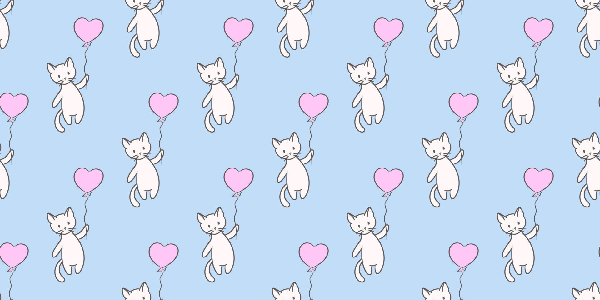 Cute cat holding on to a balloon seamless vector pattern background