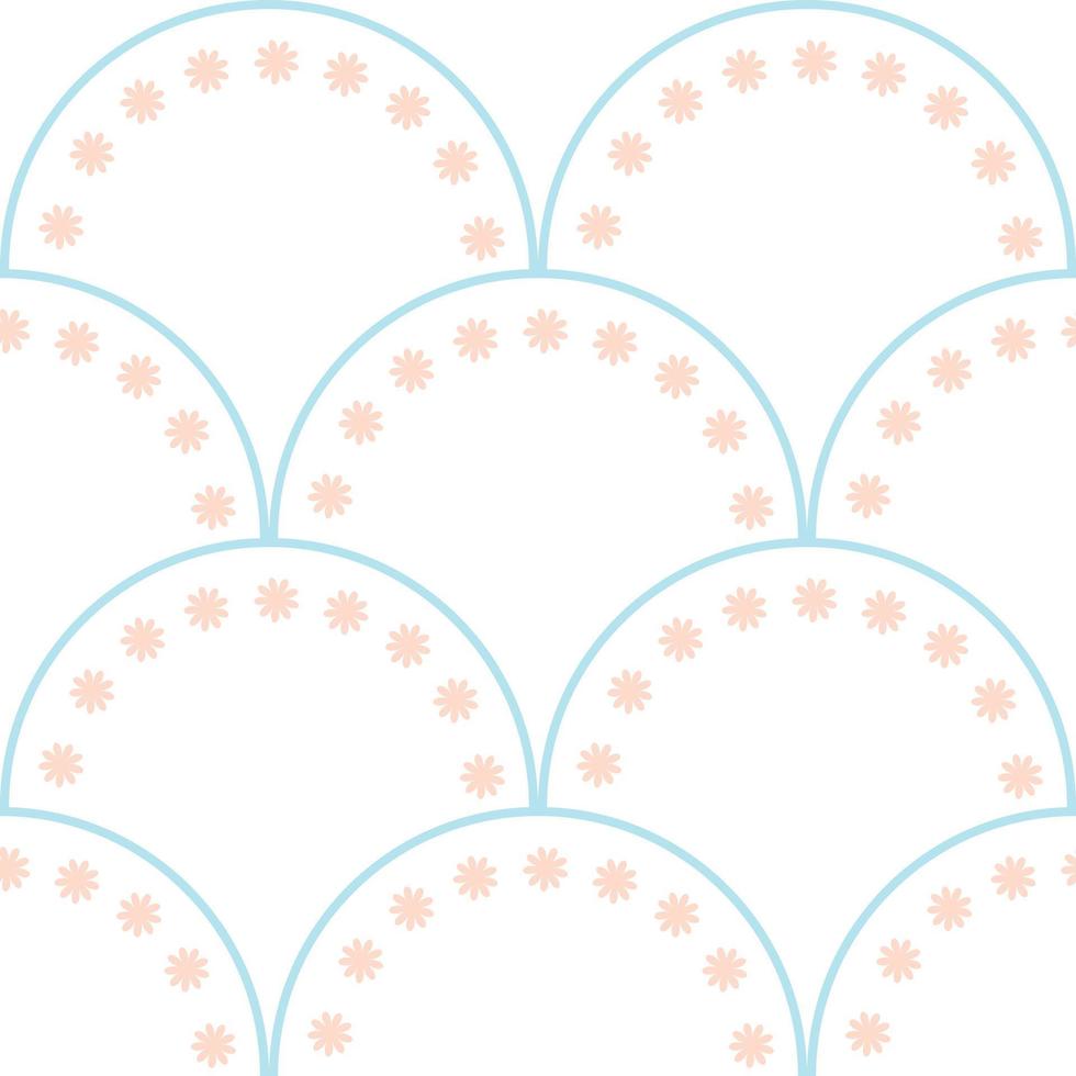 Geometric fish scale pattern, seamless repeat background with floral elements. vector