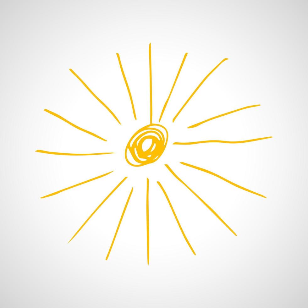 Hand drawn sun. Simple sketch sun. Solar symbol. Yellow  doodle isolated on white background. Vector illustration.