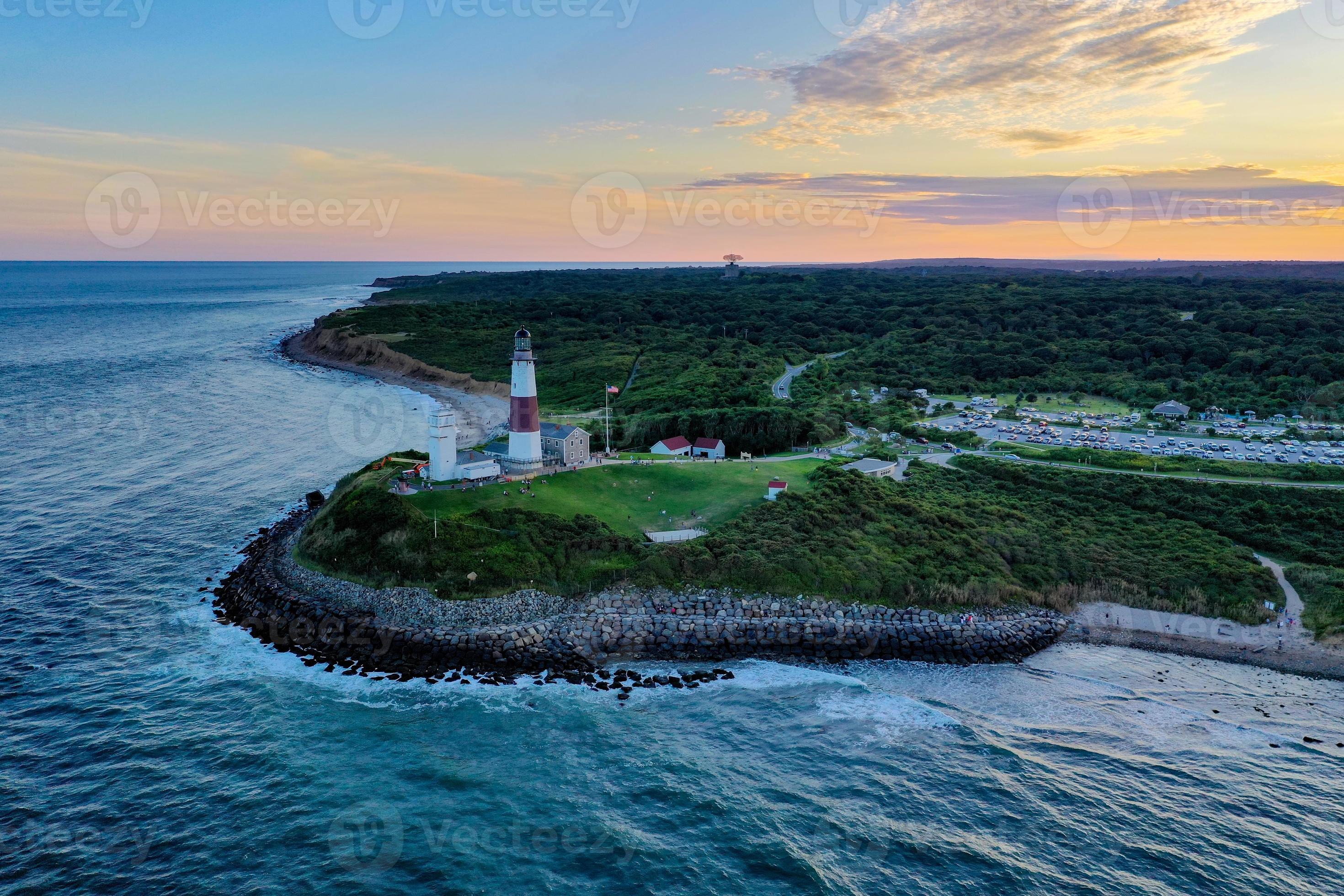 Aerial view of Montauk Lighthouse and beach in Long Island, New York