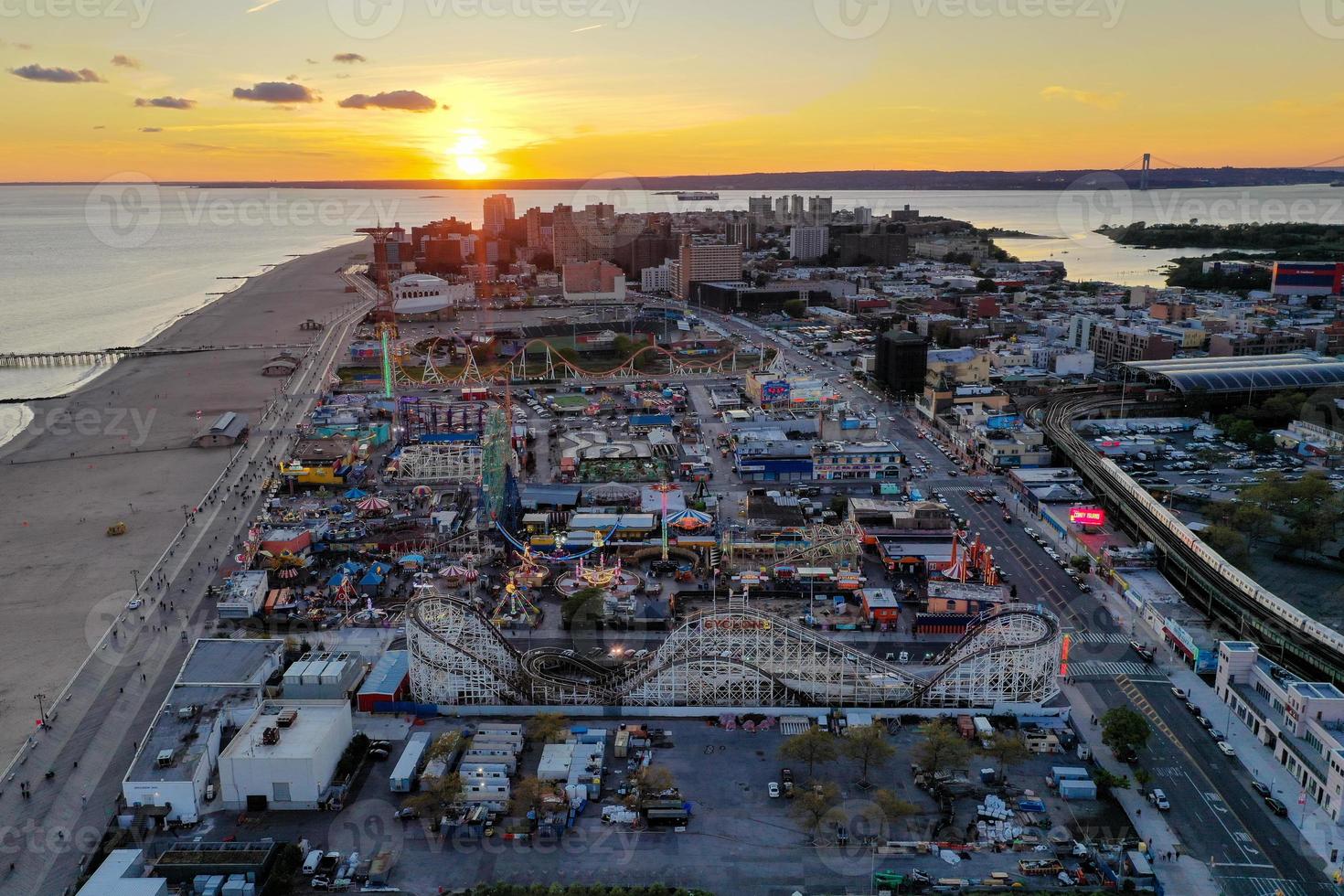 Aerial view along Coney Island and the beach in Brooklyn, New York. photo