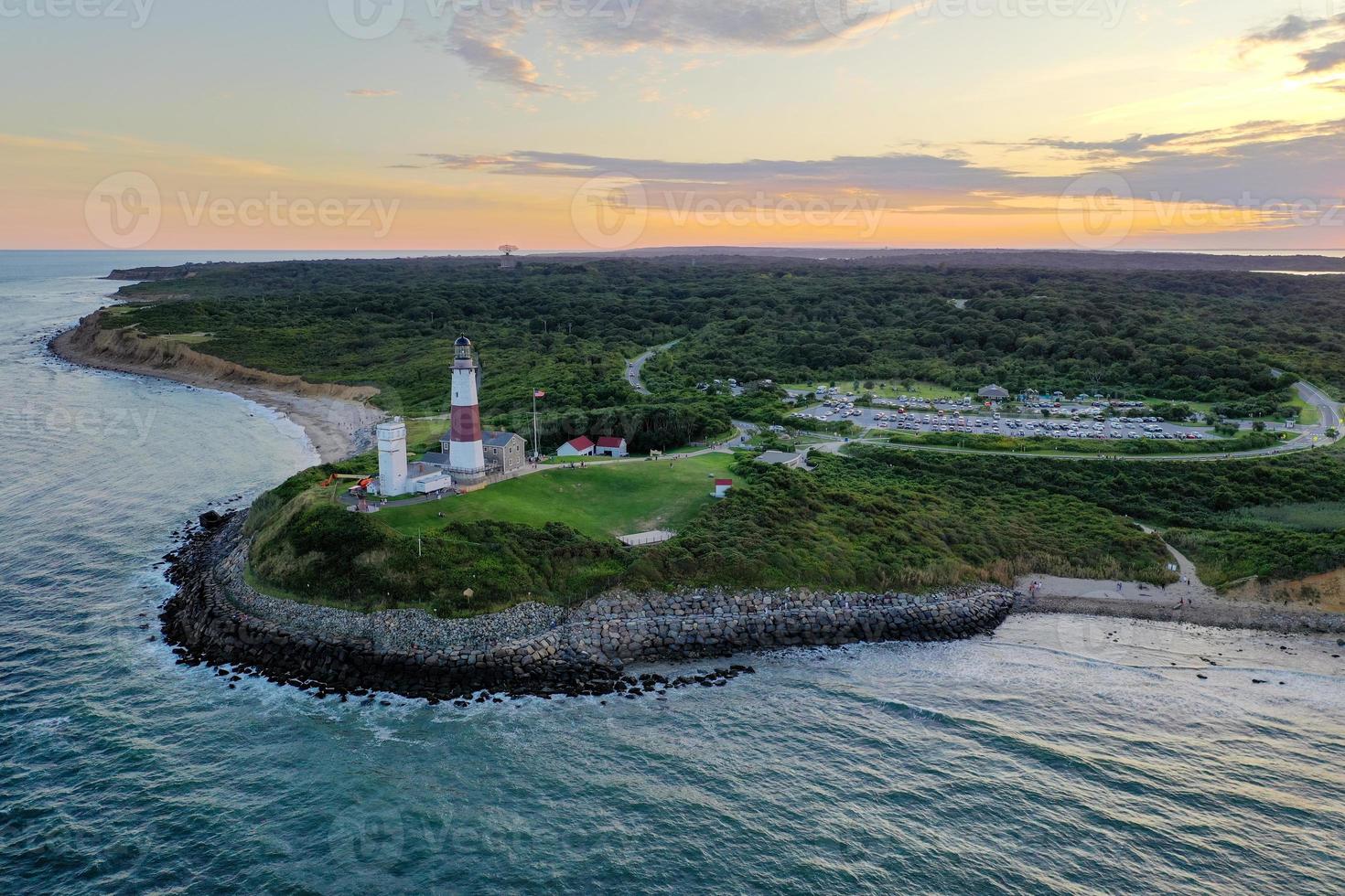 Aerial view of Montauk Lighthouse and beach in Long Island, New York, USA. photo