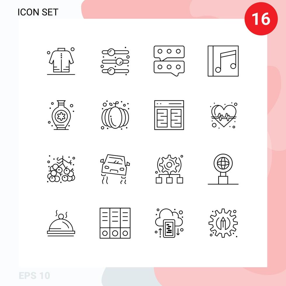 Modern Set of 16 Outlines and symbols such as vase song toggle switch music album Editable Vector Design Elements