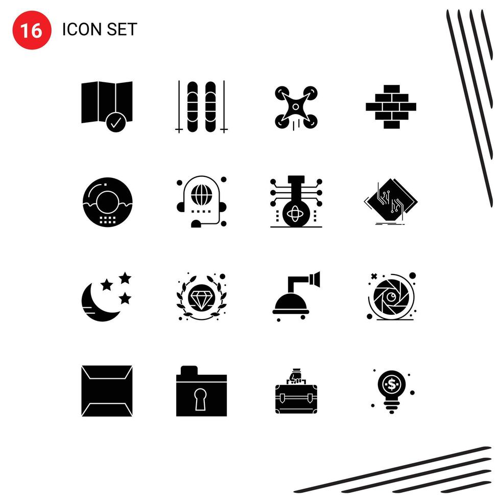 Set of 16 Commercial Solid Glyphs pack for meal drinks camera donut construction Editable Vector Design Elements