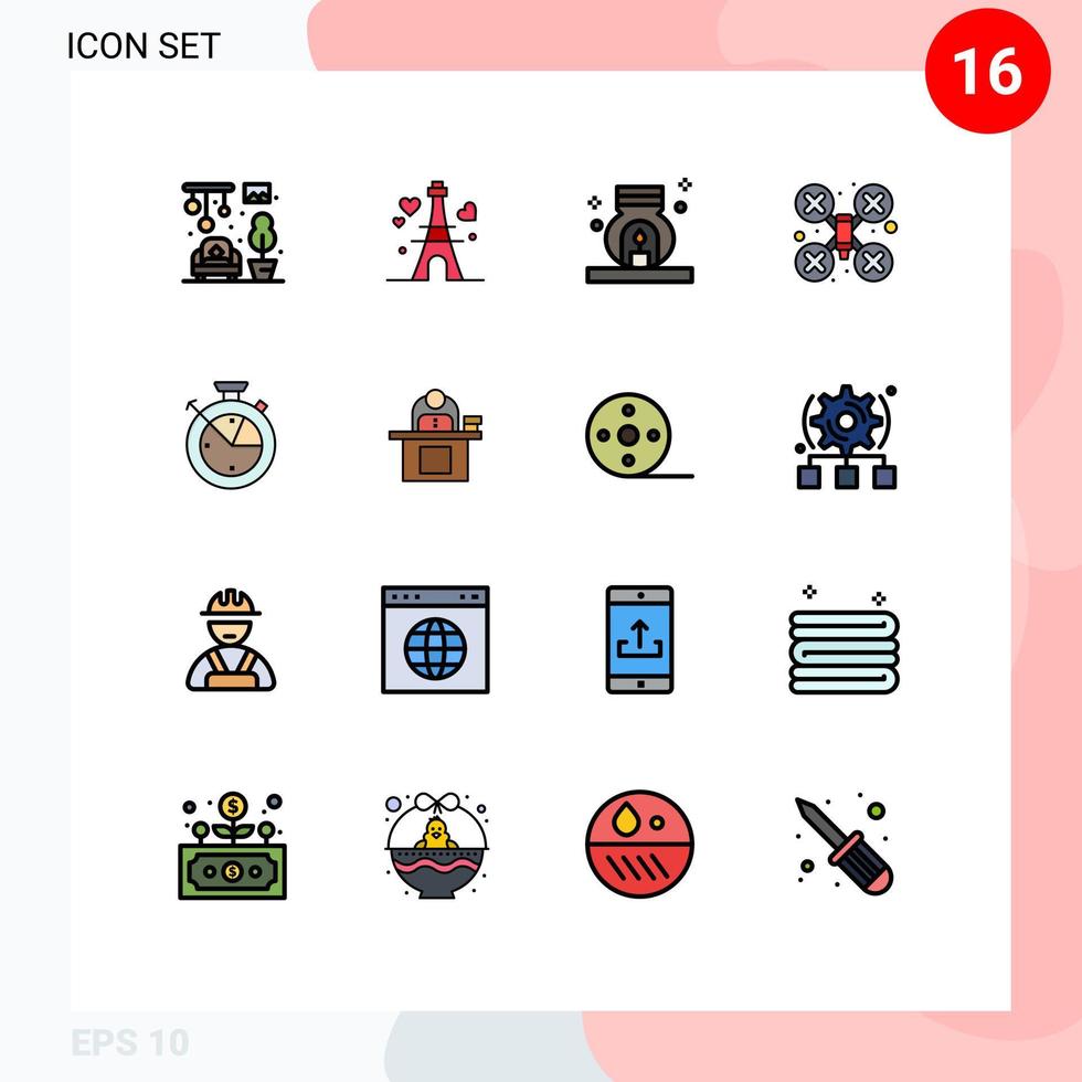 Group of 16 Flat Color Filled Lines Signs and Symbols for clock measure relax drone robot camera Editable Creative Vector Design Elements