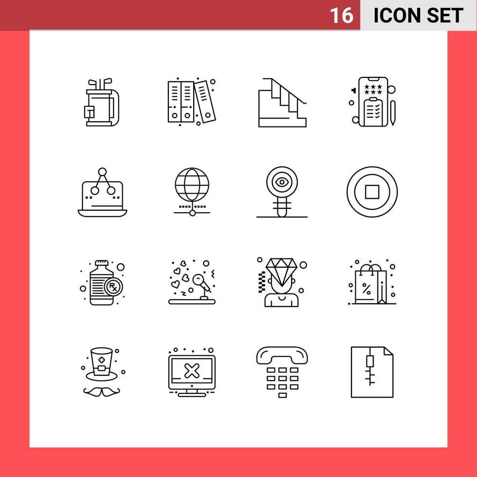 Pack of 16 creative Outlines of digital phone construction notepad mobile Editable Vector Design Elements