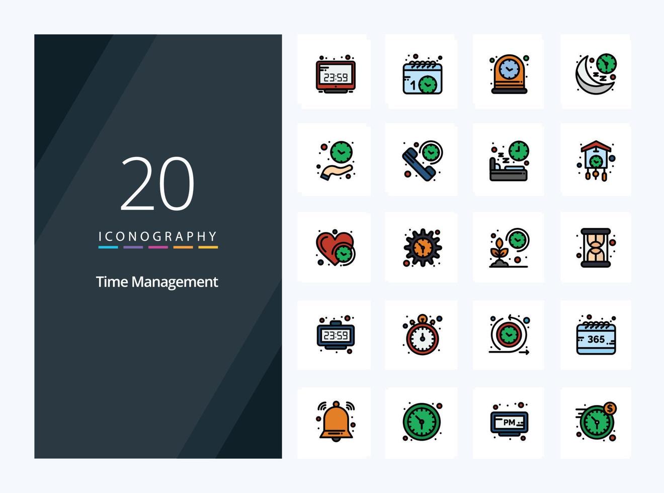 20 iconos llenos de línea de gestión de tiempo para presentación vector