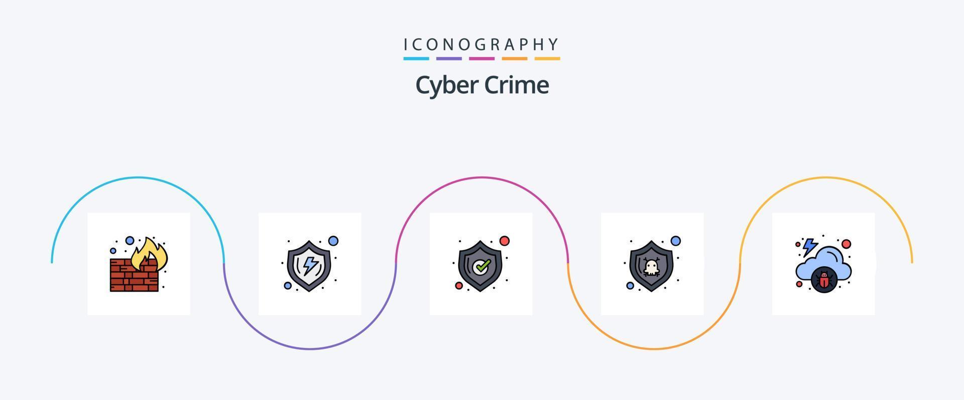 la línea de delitos cibernéticos llenó el paquete de iconos planos 5, incluidos los infectados. blindaje. verificar. seguridad. peligro vector