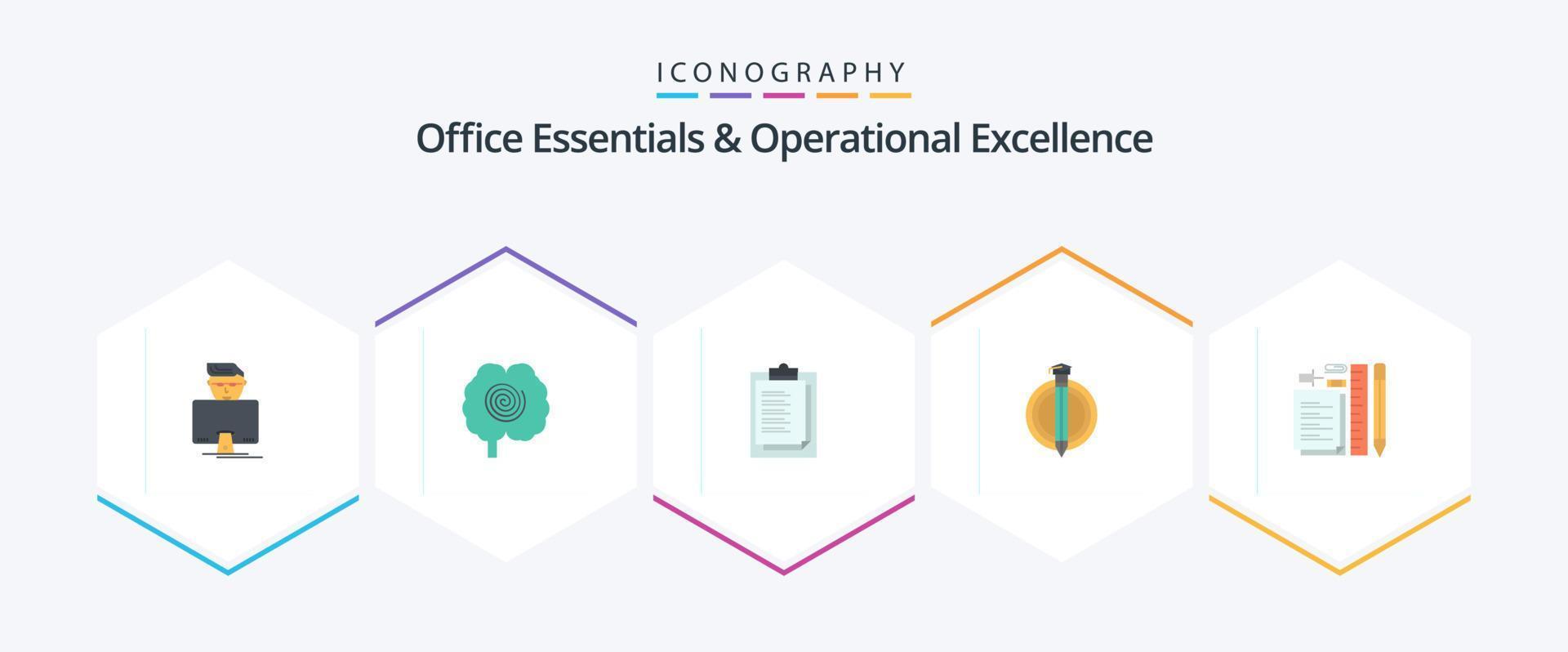 Office Essentials And Operational Exellence 25 Flat icon pack including pencil. graduate. notepad. bonus. success vector