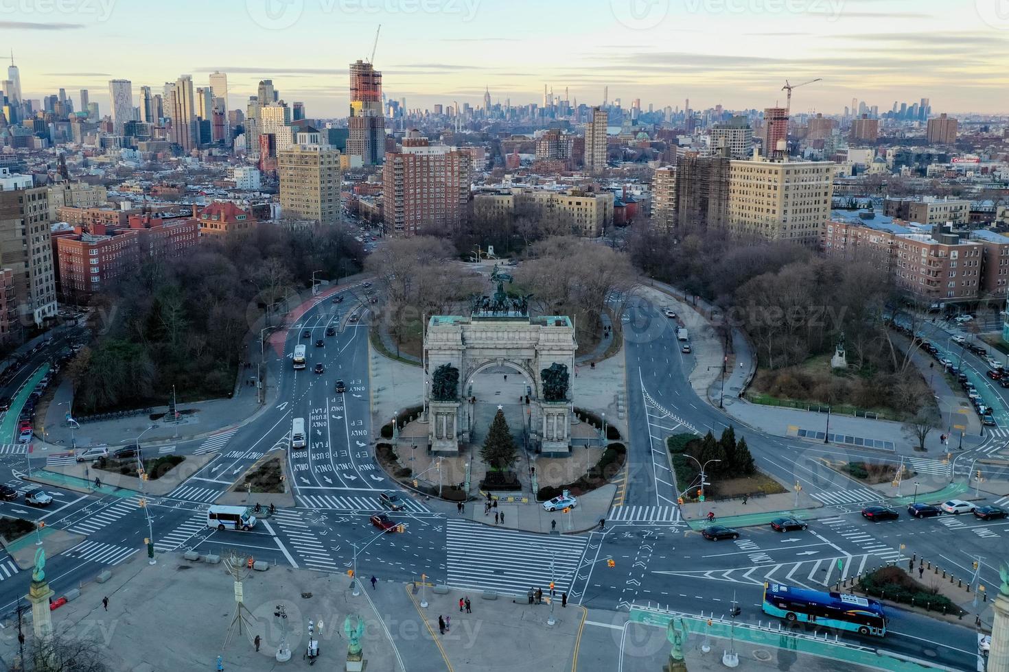Aerial view of the Triumphal Arch at the Grand Army Plaza in Brooklyn, New York City photo
