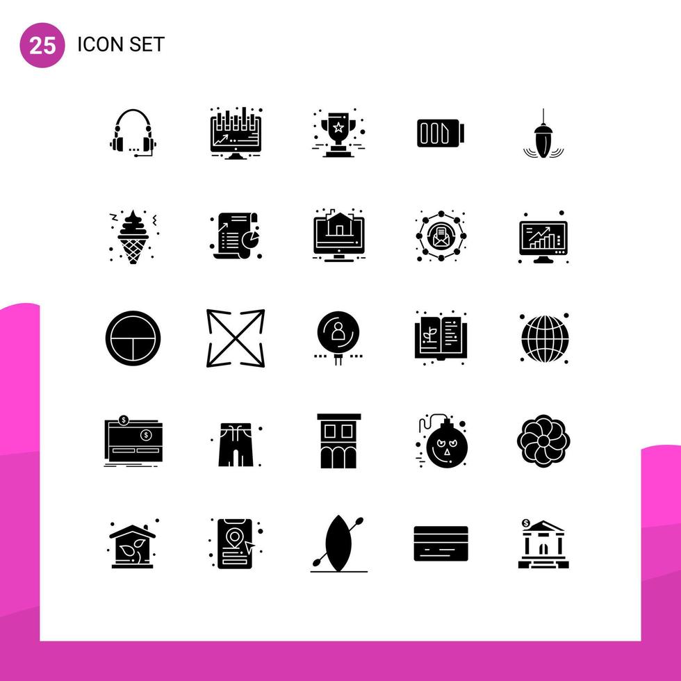 25 User Interface Solid Glyph Pack of modern Signs and Symbols of simple battery board charge prize Editable Vector Design Elements