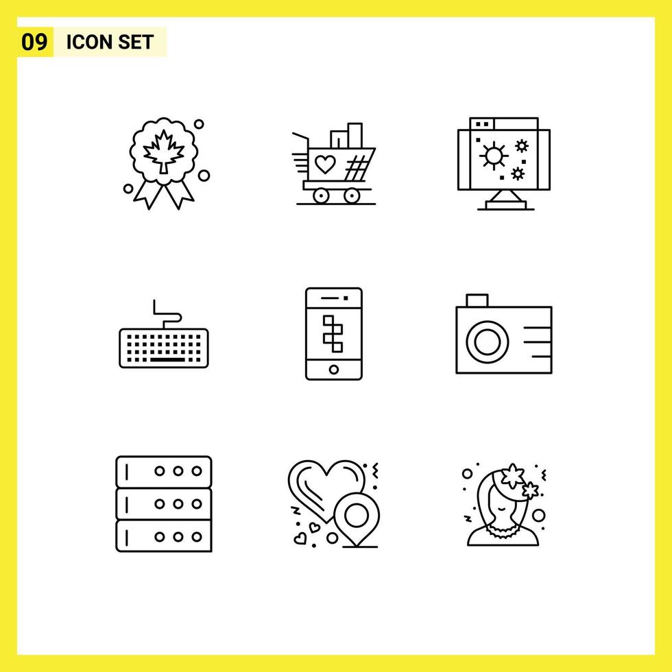 Pack of 9 Modern Outlines Signs and Symbols for Web Print Media such as communications education biology hardware key Editable Vector Design Elements