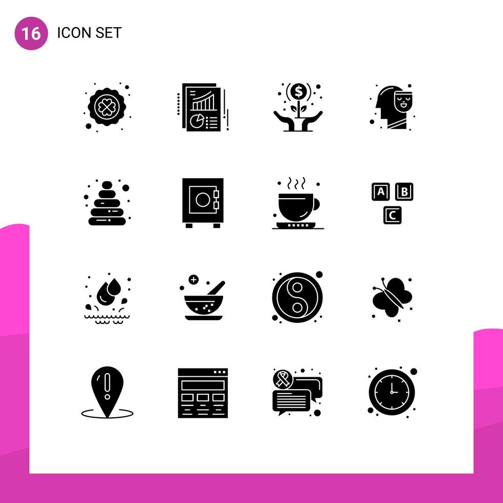 Solid Glyph Pack of 16 Universal Symbols of baby happy expand mind investment Editable Vector Design Elements