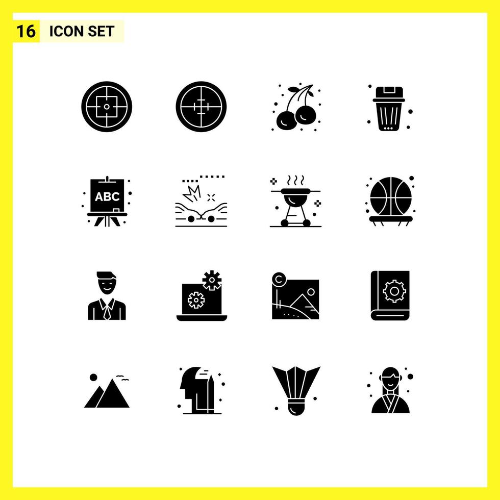 16 Universal Solid Glyphs Set for Web and Mobile Applications car board fruit abc garbage Editable Vector Design Elements
