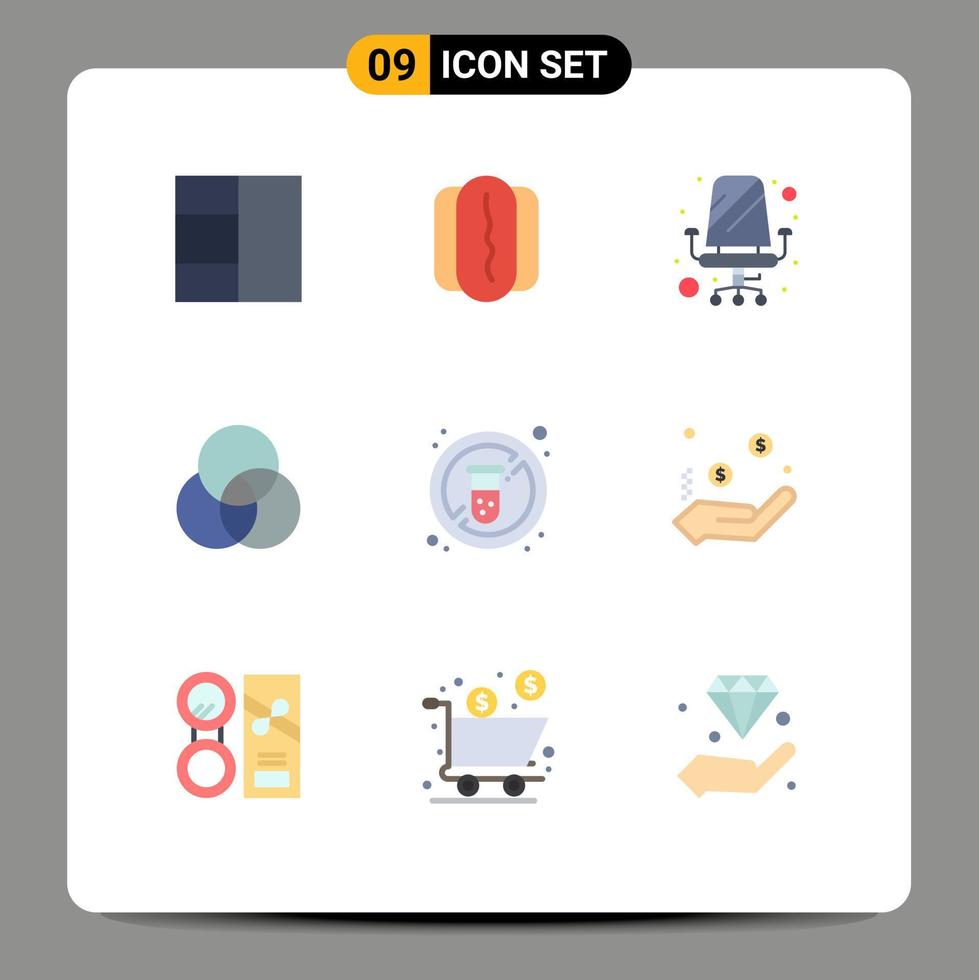 paquete de 9 signos y símbolos modernos de colores planos para medios de impresión web, como elementos de diseño de vectores editables de dieta de tubo de asiento de medicina monetaria