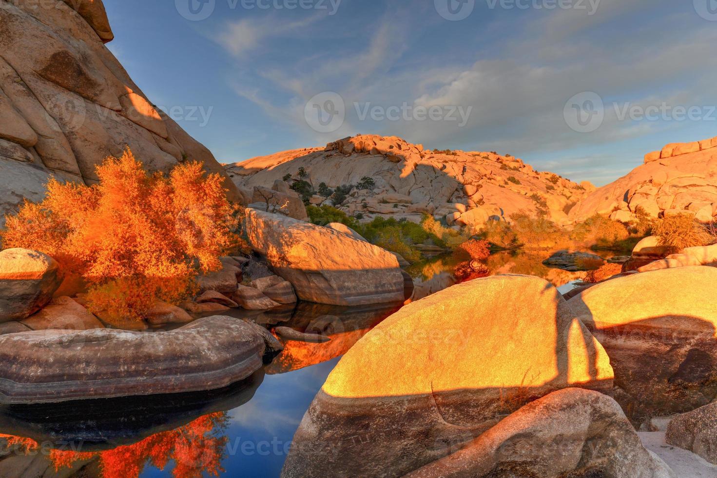 Barker Dam in Joshua Tree National Park in the evening at sunset. photo