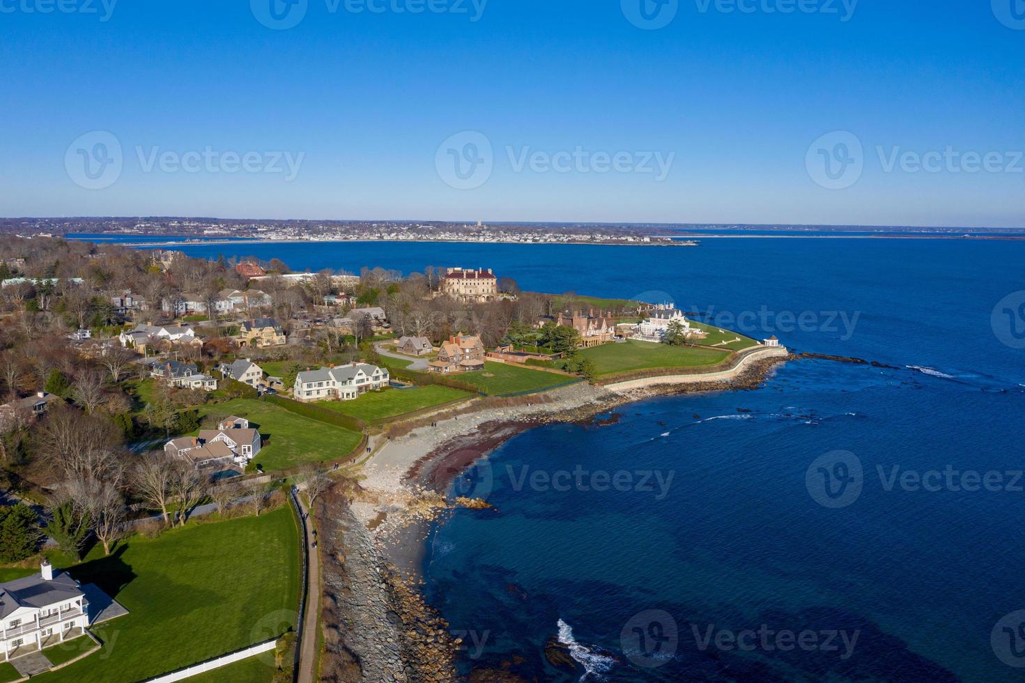 Aerial view of the rocky coast and cliffwalk of Newport, Rhode Island. photo