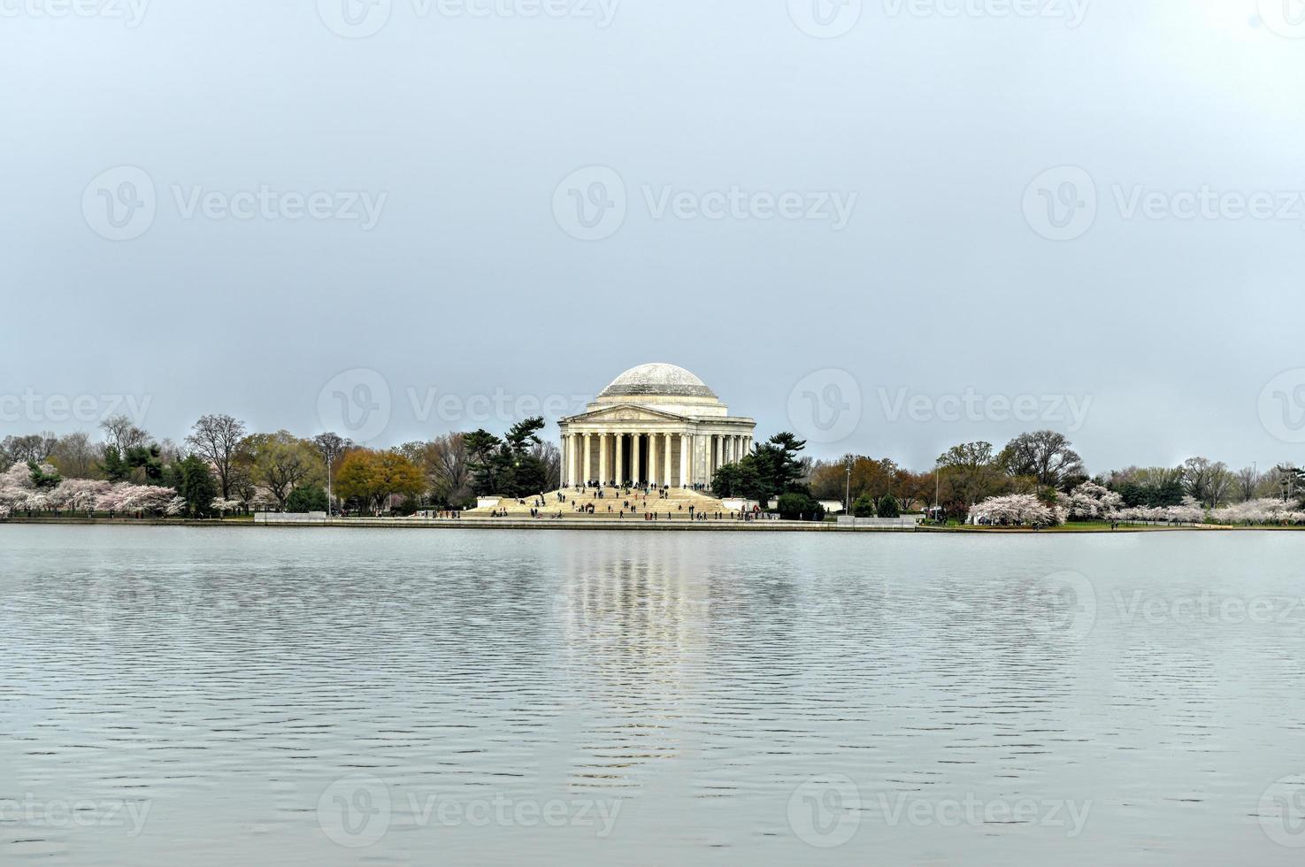 Cherry blossoms at the Tidal Basin and Jefferson Memorial during spring in Washington, DC. photo