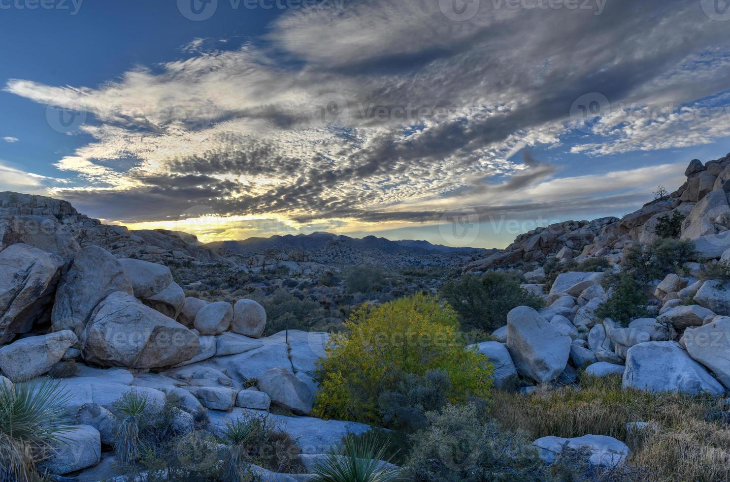 Barker Dam in Joshua Tree National Park in the evening at sunset. photo