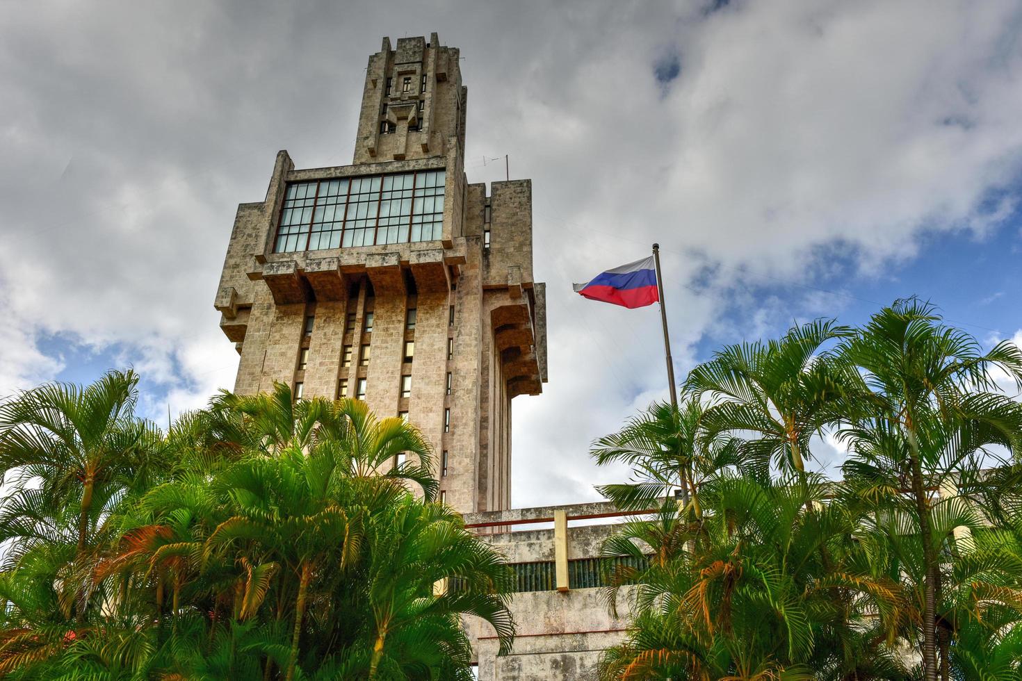 The Embassy of Russia in Havana, Cuba is a striking constructivist building in the Miramar district of the city. Some liken it to a sword, others to a syringe, 2022 photo