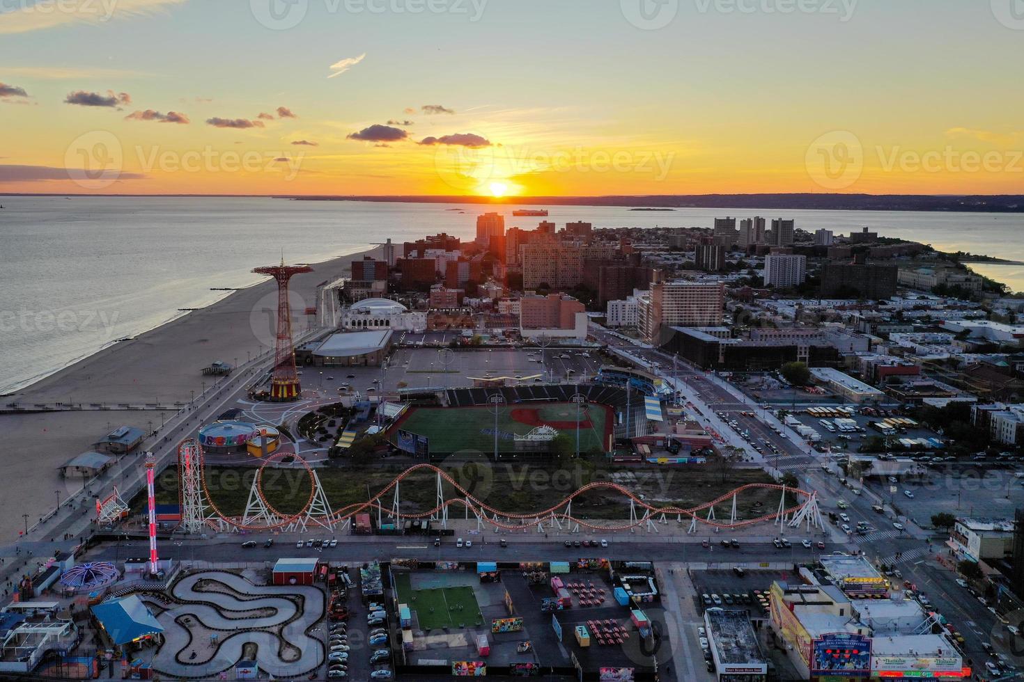 Aerial view along Coney Island and the beach in Brooklyn, New York. photo