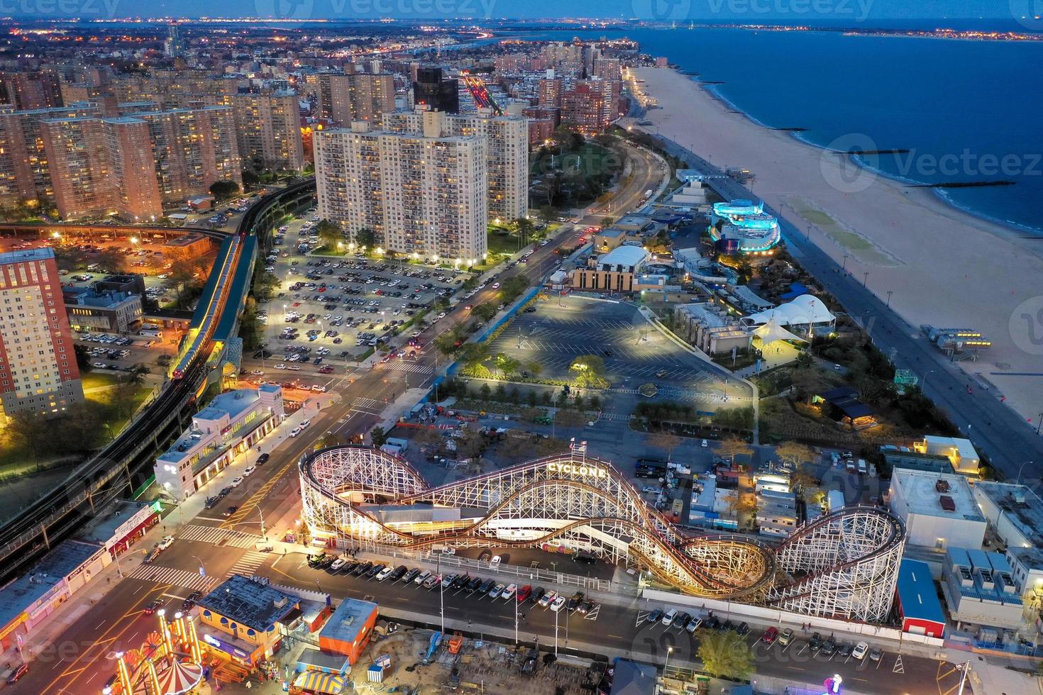 Aerial view along Coney Island and the beach in Brooklyn, New York. photo