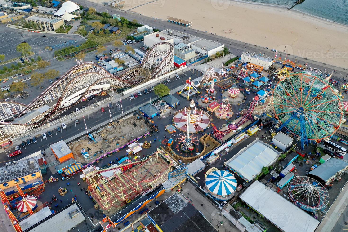 Aerial view along Coney Island and the beach in Brooklyn, New York. photo