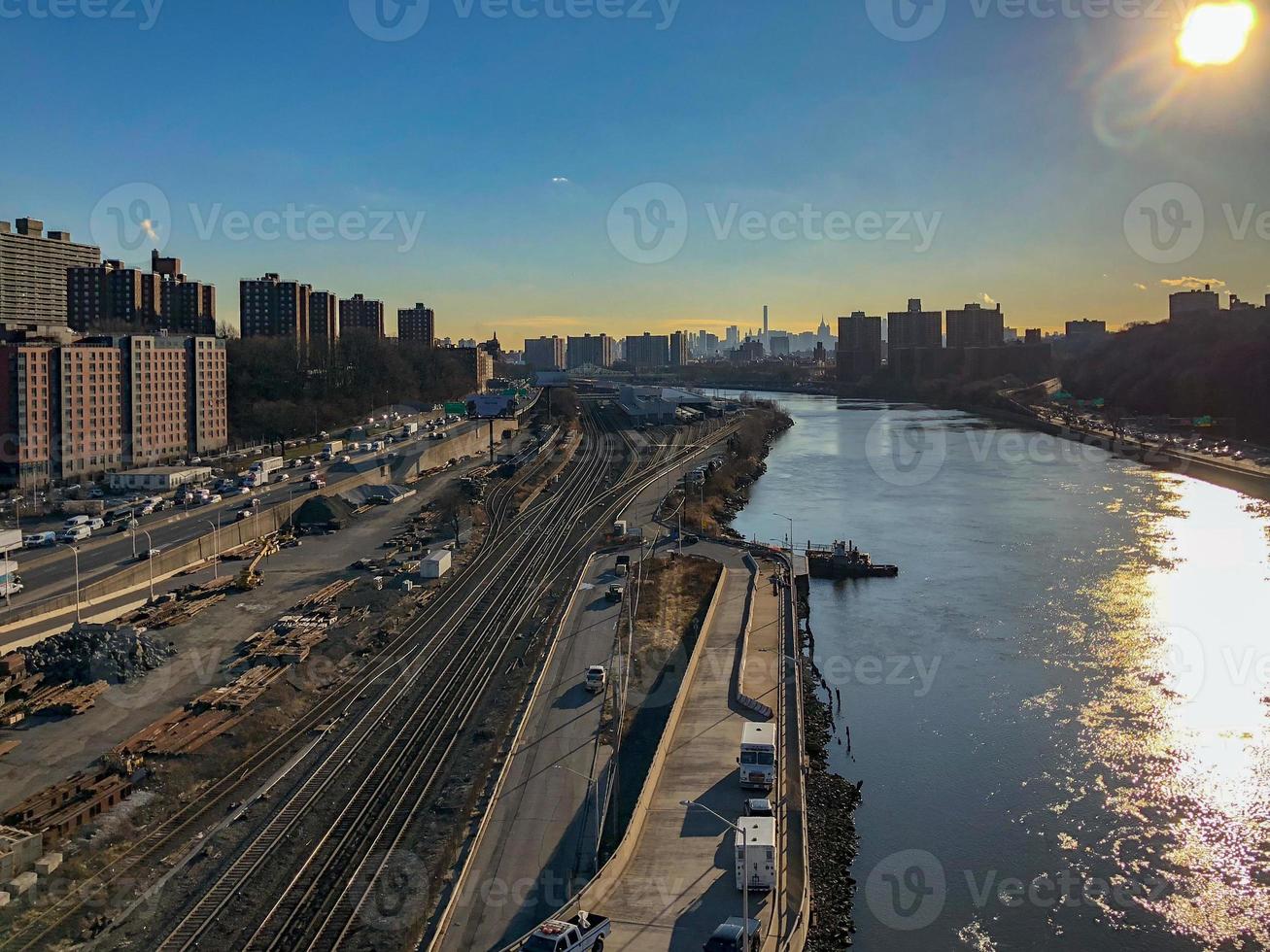 Aerial view along the Harlem River of the Bronx and Manhattan in New York City photo