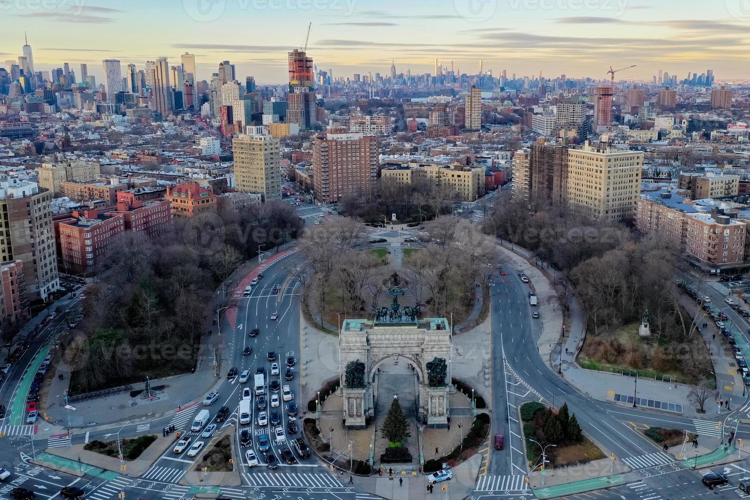 Aerial view of the Triumphal Arch at the Grand Army Plaza in Brooklyn, New York City photo