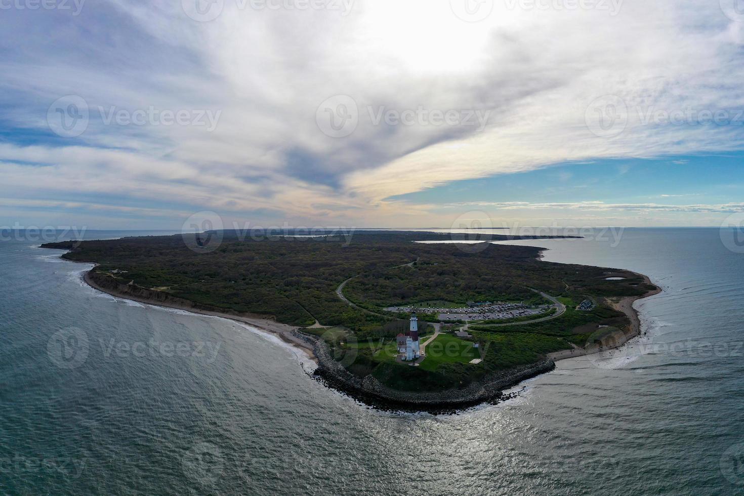 Aerial view of the Montauk Lighthouse and beach in Long Island, New York, USA. photo