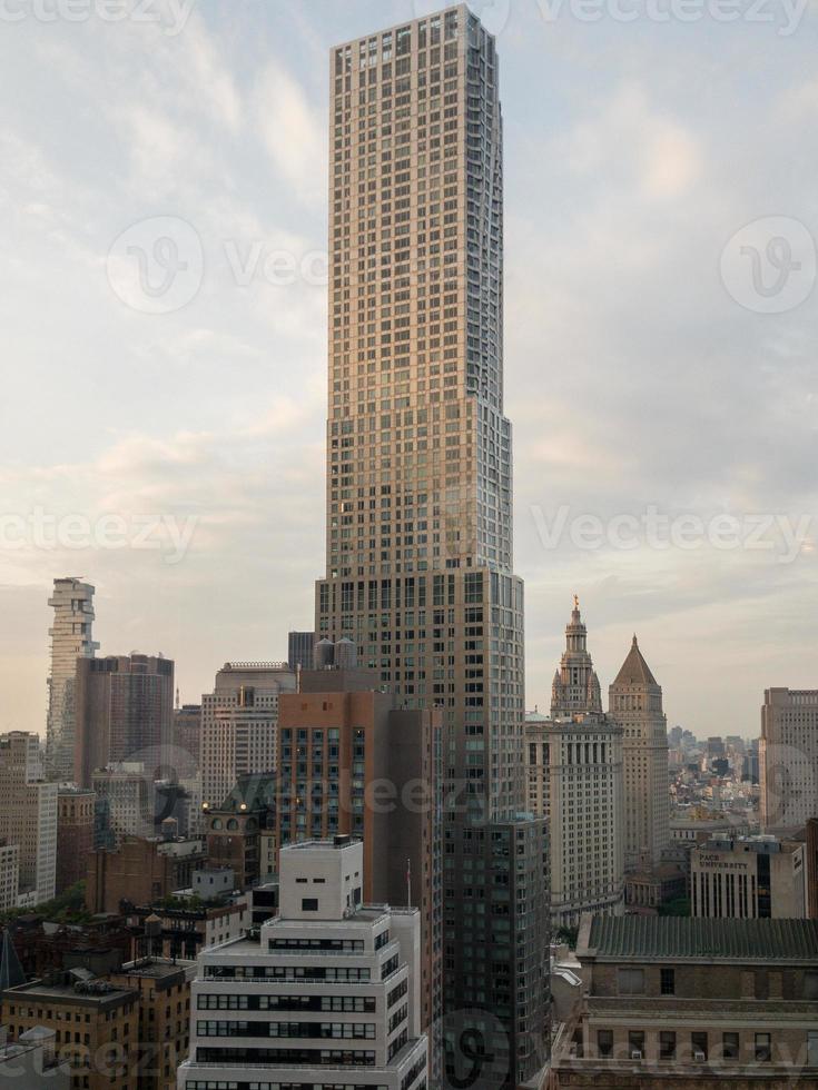 Downtown New York City aerial skyline in the evening towards sunset. photo