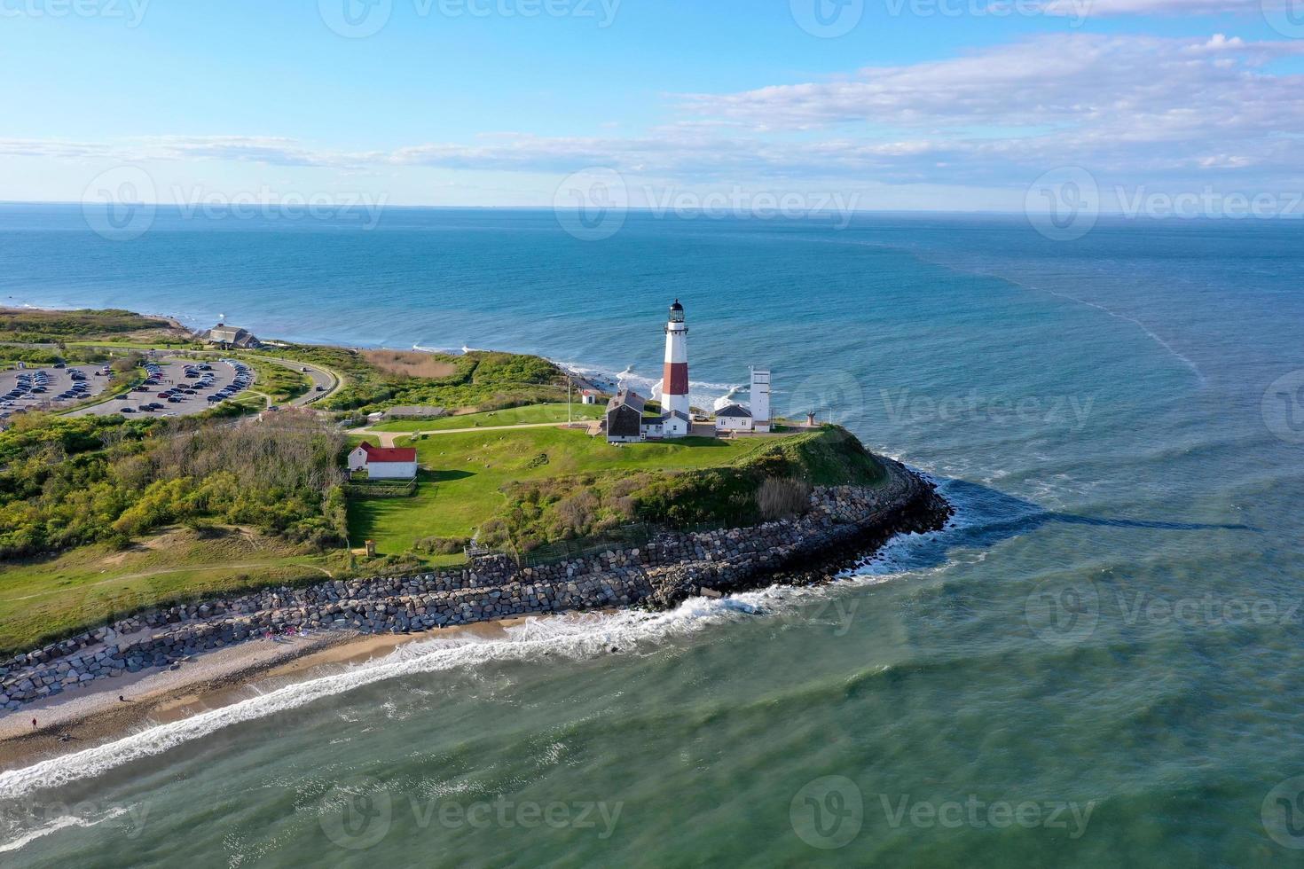 Aerial view of the Montauk Lighthouse and beach in Long Island, New York, USA. photo