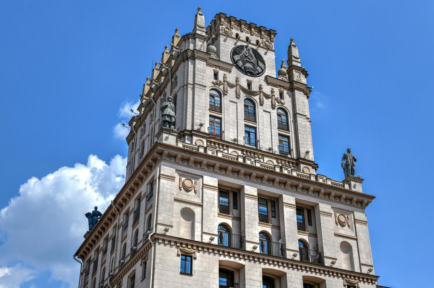 Gates of Minsk, two symmetrical high towers in the style of Stalin classicism. This style combines the elements of baroque, late classicism and art deco, 2022 photo