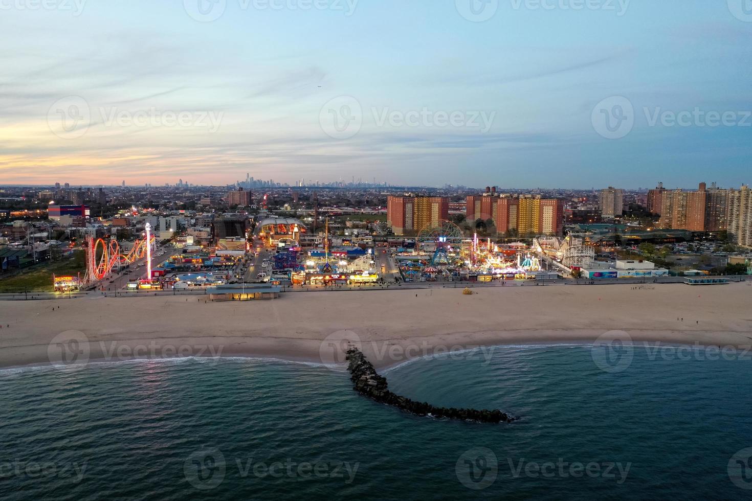 Aerial view along Coney Island and the beach in Brooklyn, New York. photo