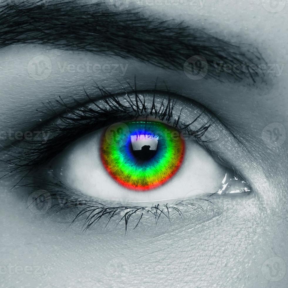 Female eye with rainbow colors in the iris photo