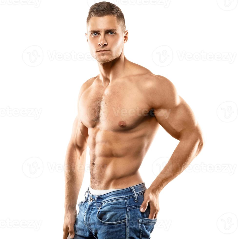 Handsome and muscular guy on white background photo