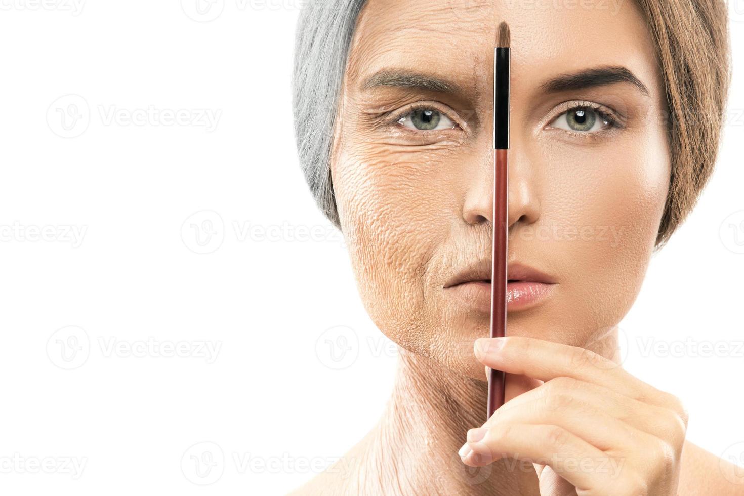 Aging concept. Young and old face comparision. photo