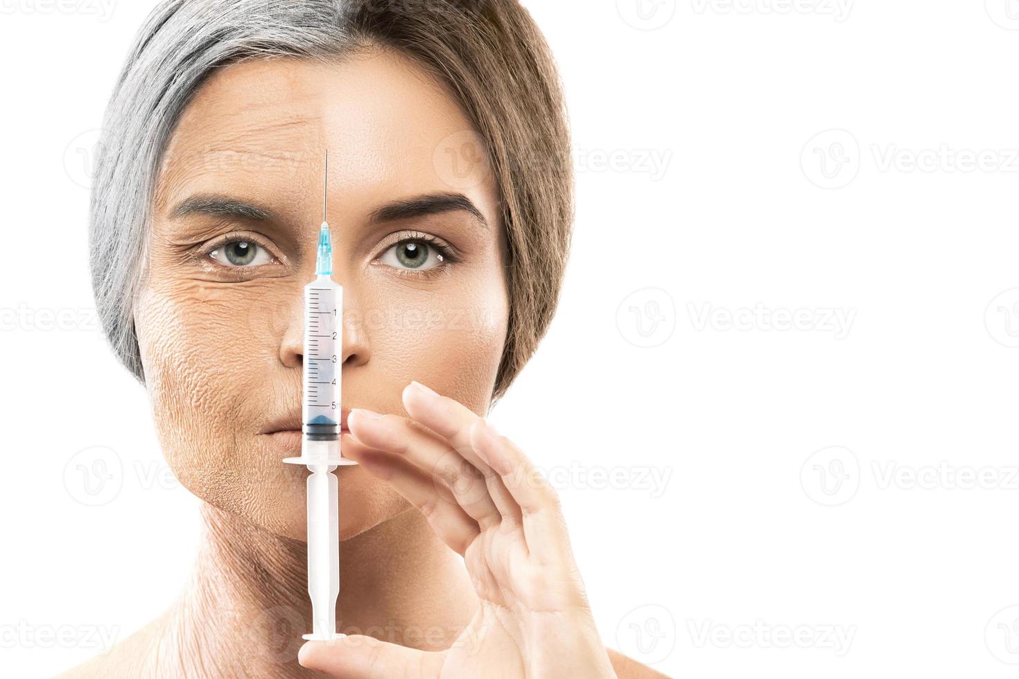 Young and old face comparison. Woman with syringe. photo