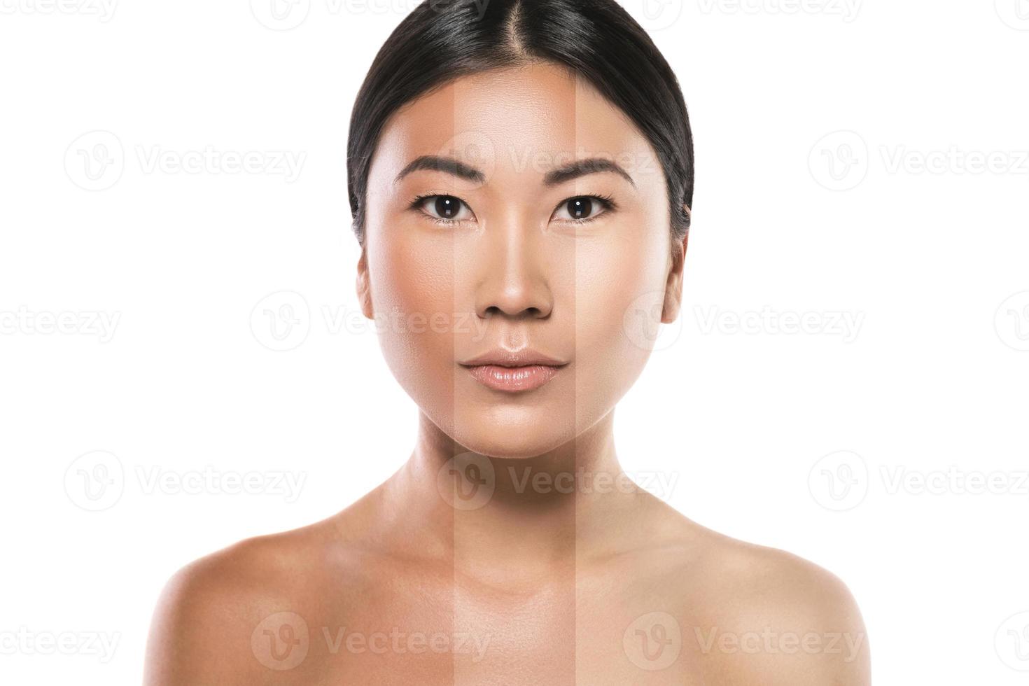Difference in skin brightness. Concept of facial whitening or sun protection. photo