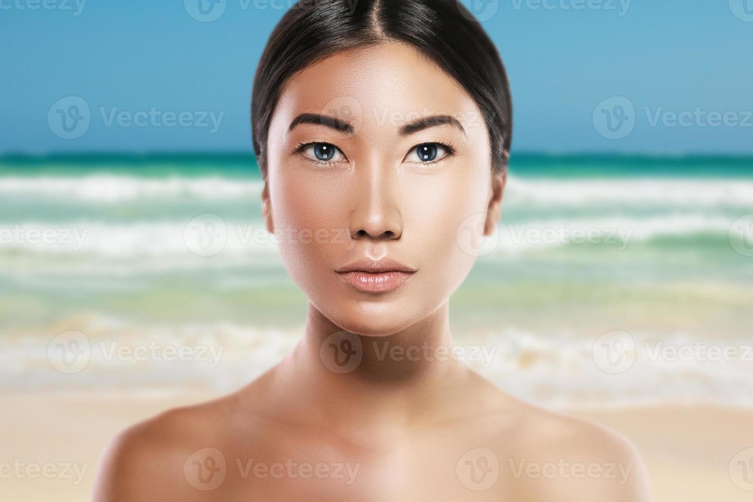 Difference in skin brightness. Concept of facial whitening or sun protection. photo