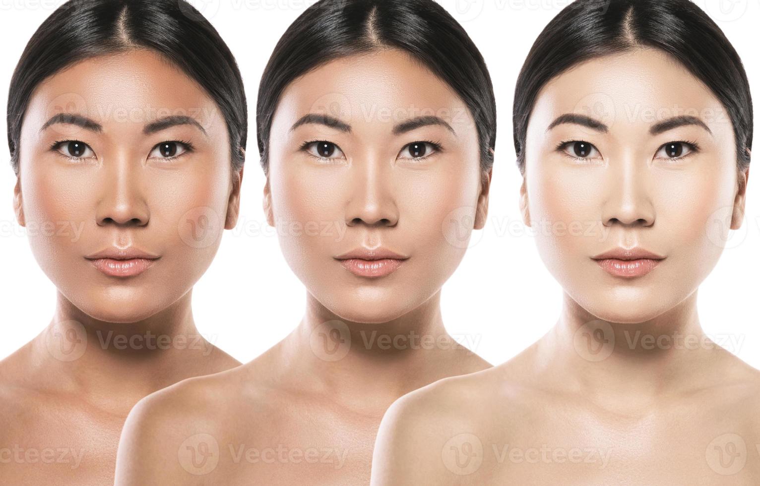Difference in skin brightness. Concept of facial whitening or sun protection. photo