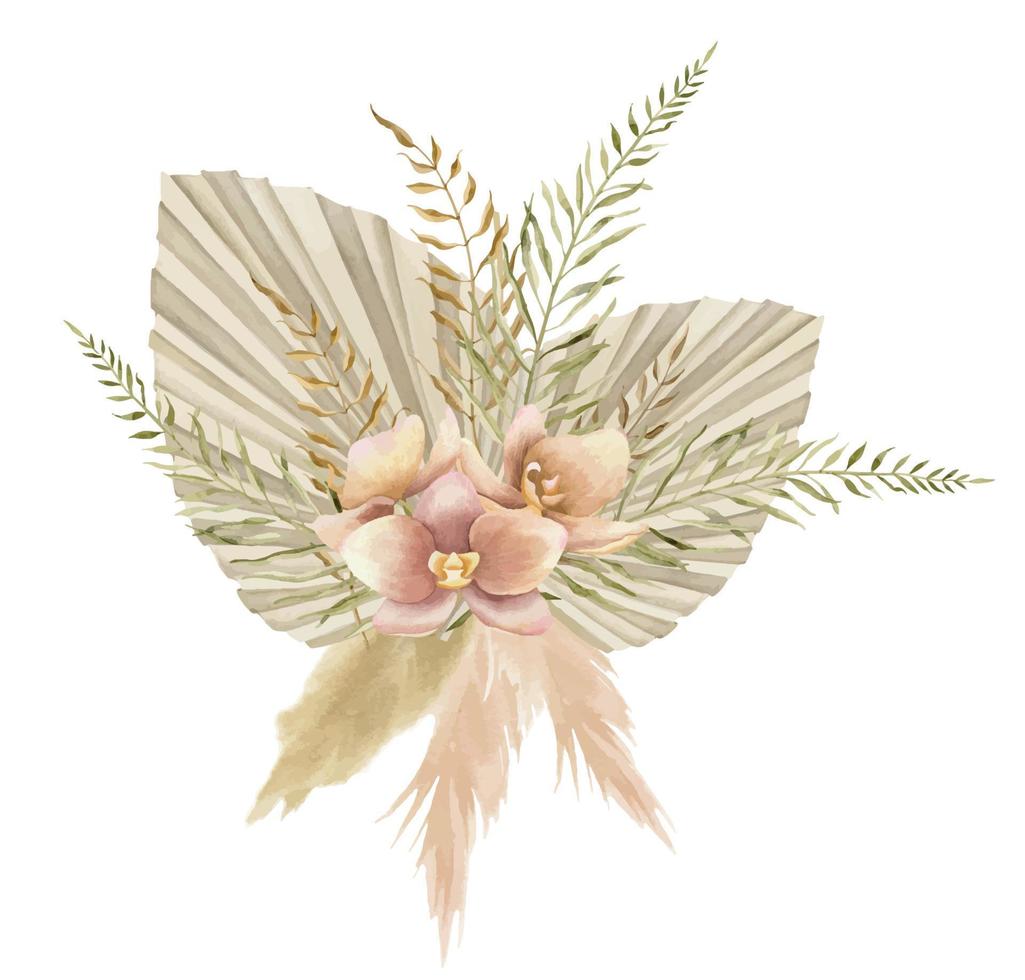 Watercolor Bouquet of Flowers with dried Palm Leaves and Orchids in boho style. Hand drawn floral illustration of tropical plants with pampas grass in beige pastel colors for wedding invitations vector