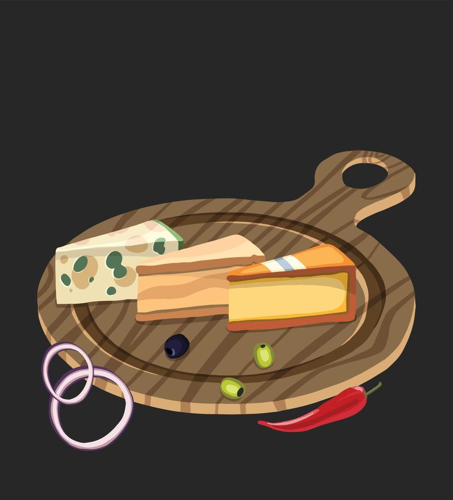 queso con tomates en la ilustración de tablero de madera. vector