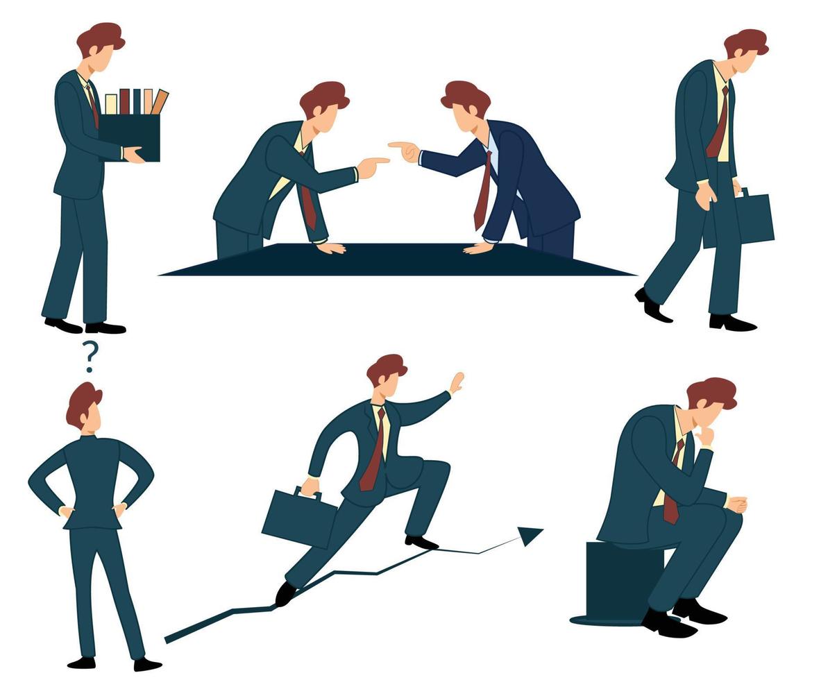 various expressions of business people in dealing with business and work problems. loss of a job. change job. debate in the meeting room vector